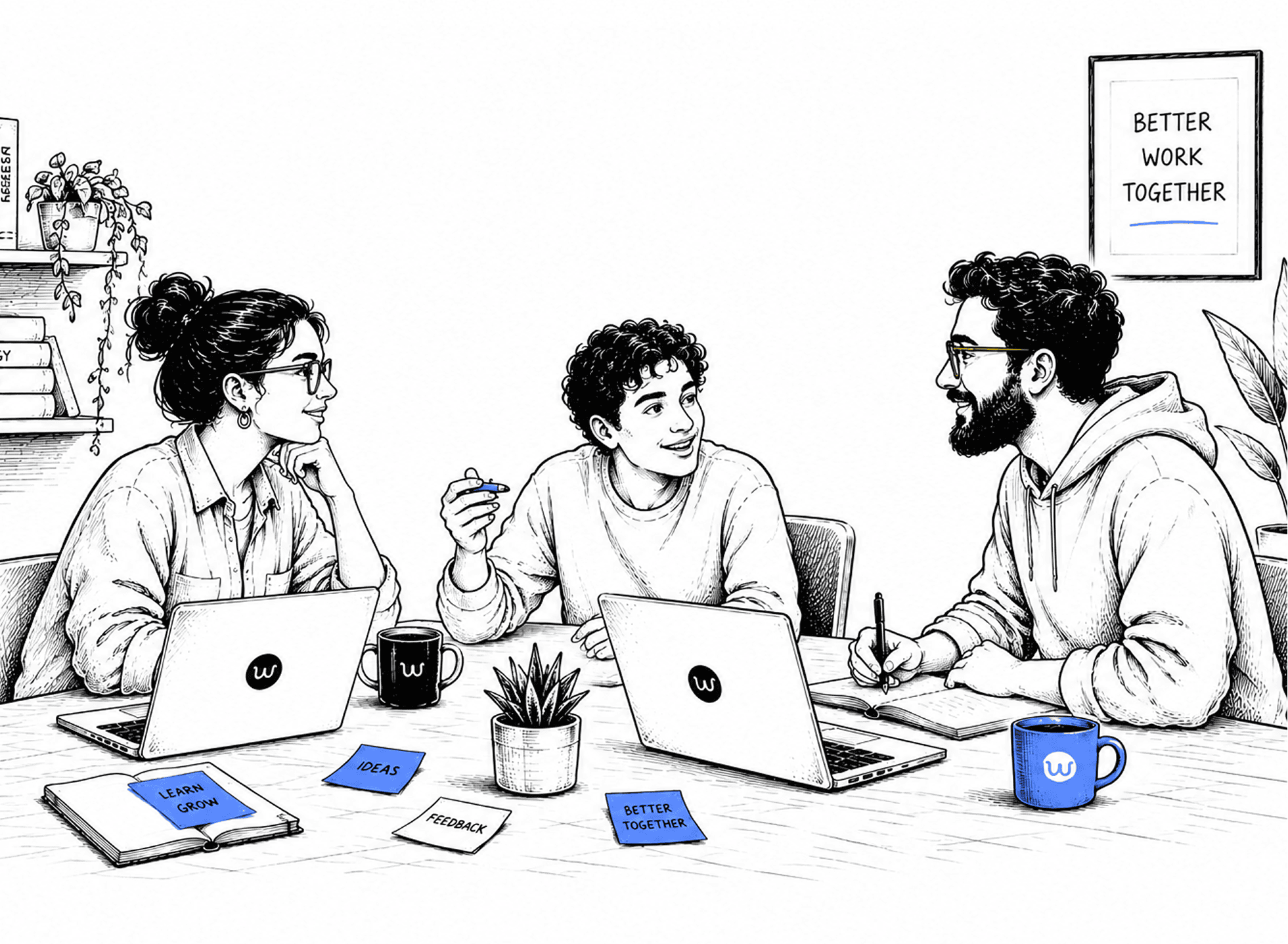 Team collaborating around a table with laptops