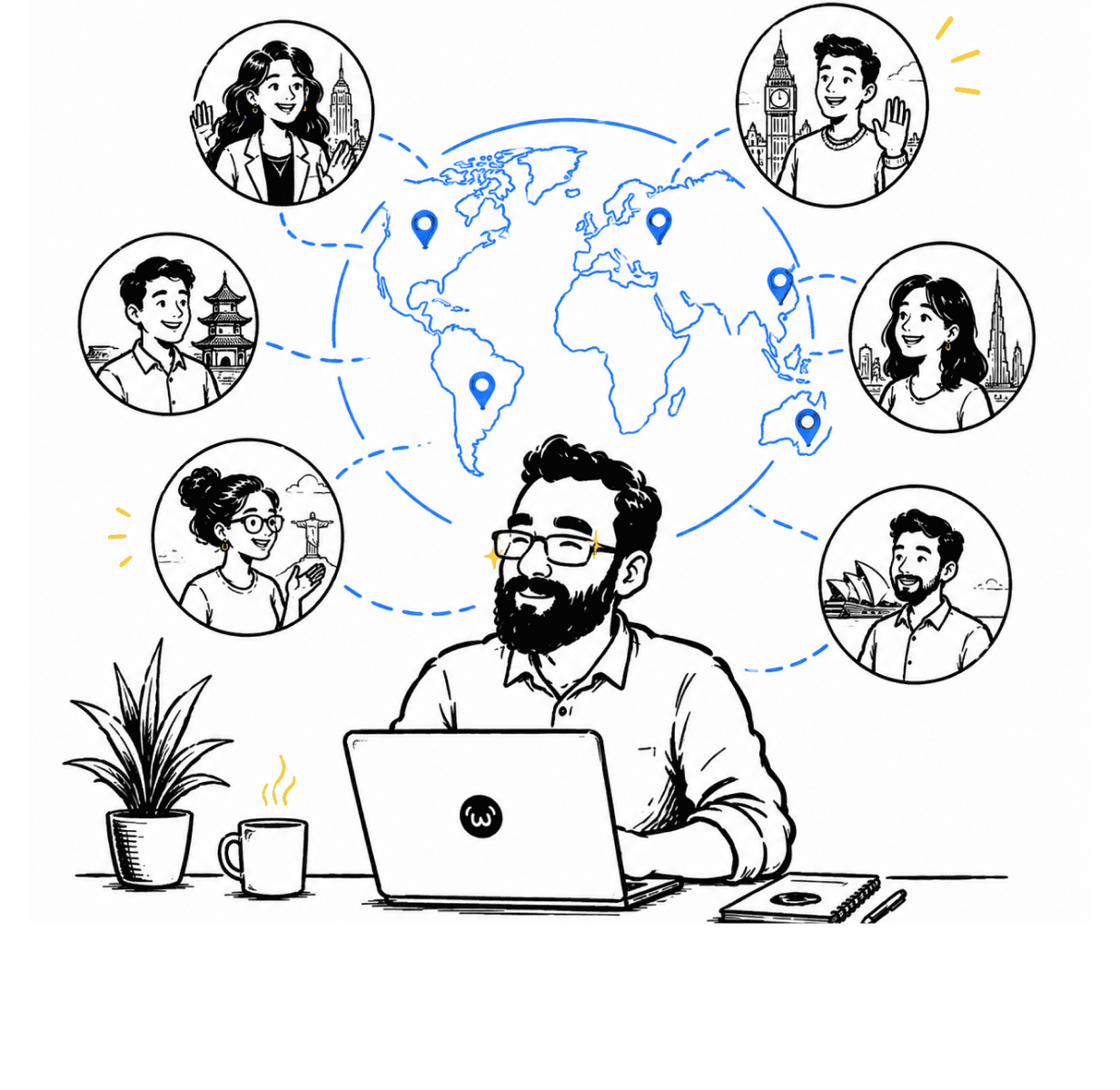 A person on a video call with teammates around the globe