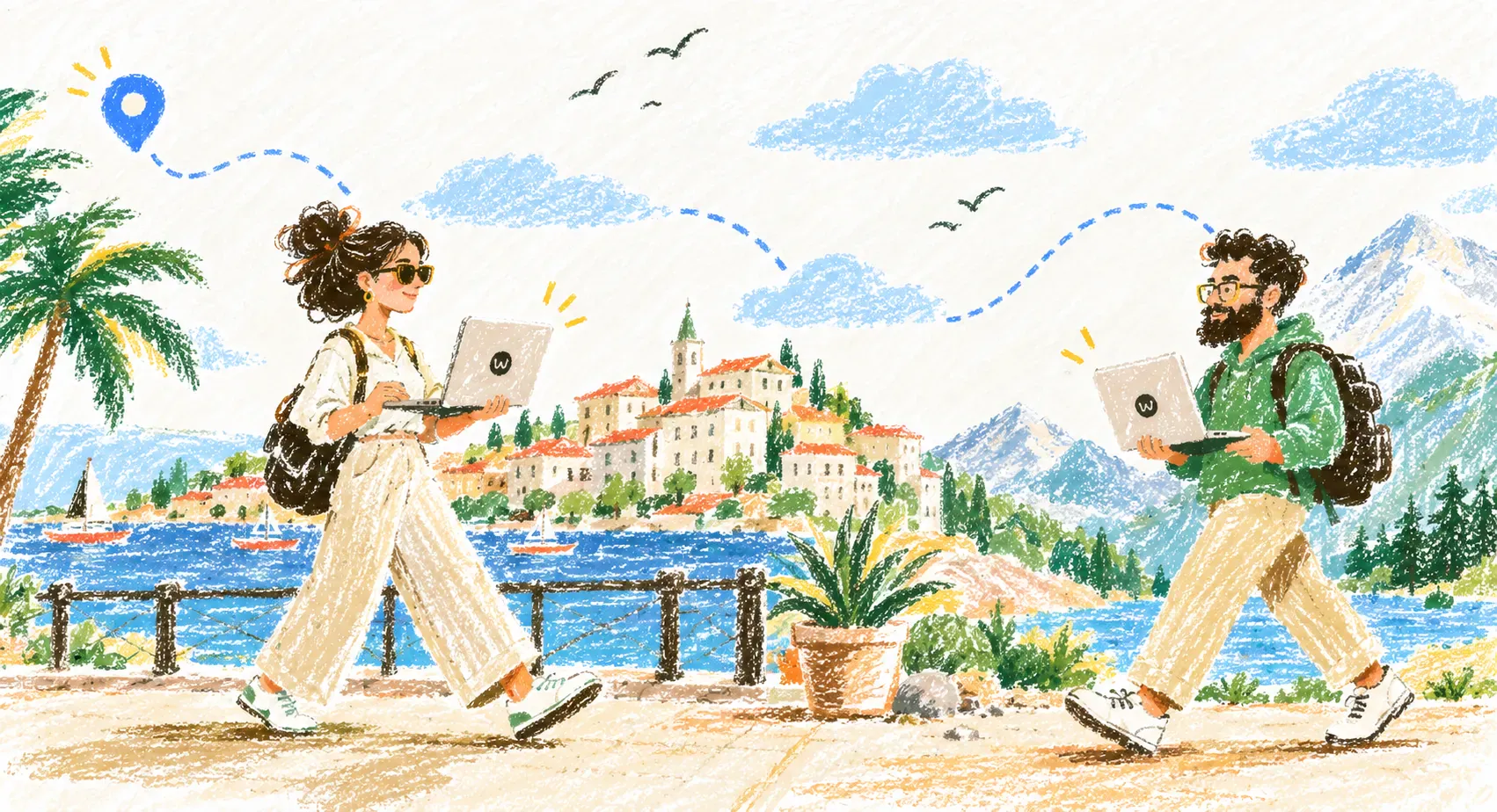 Illustration of two people walking along a seaside town with laptops open