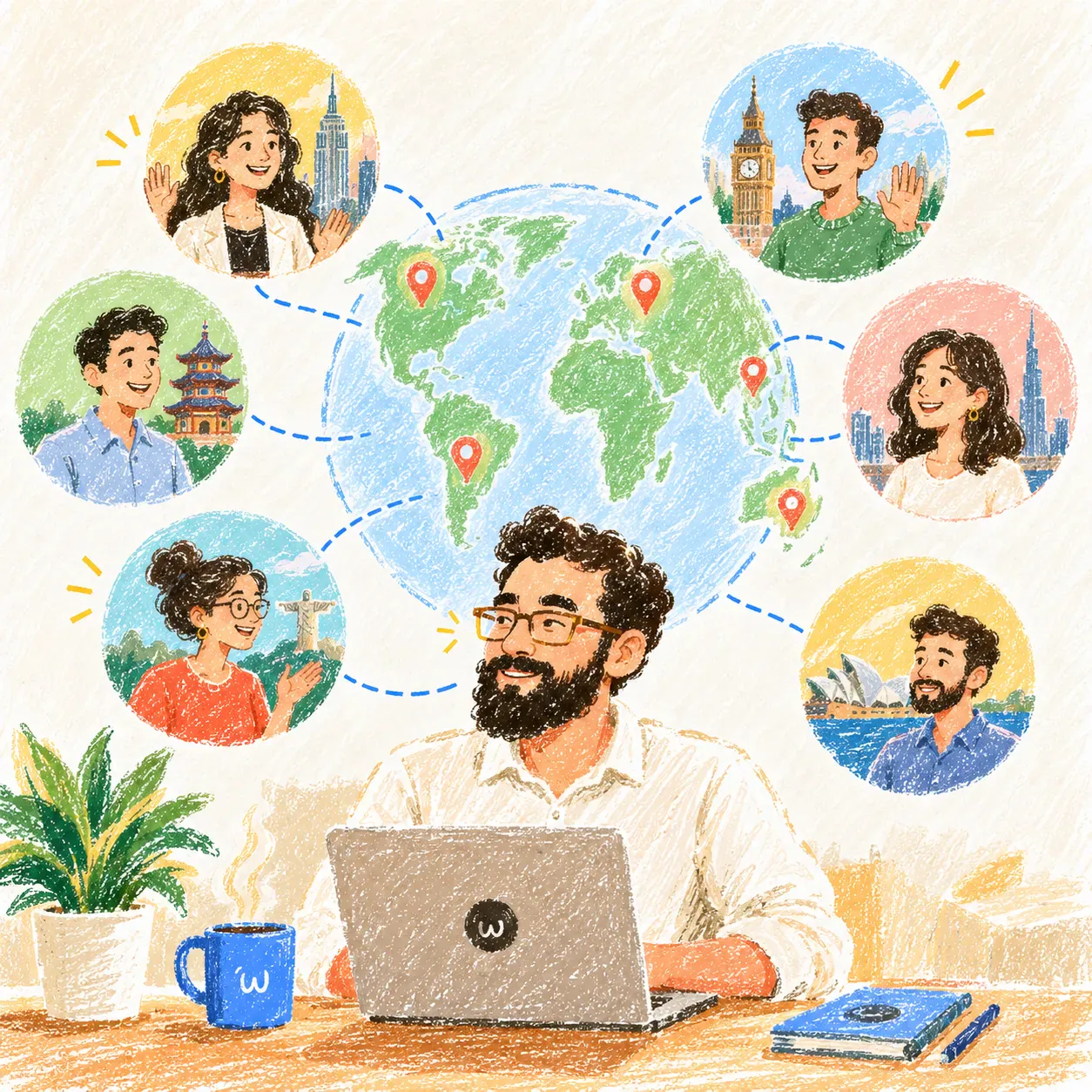 Illustration of a person at a laptop connected to teammates in cities around the globe