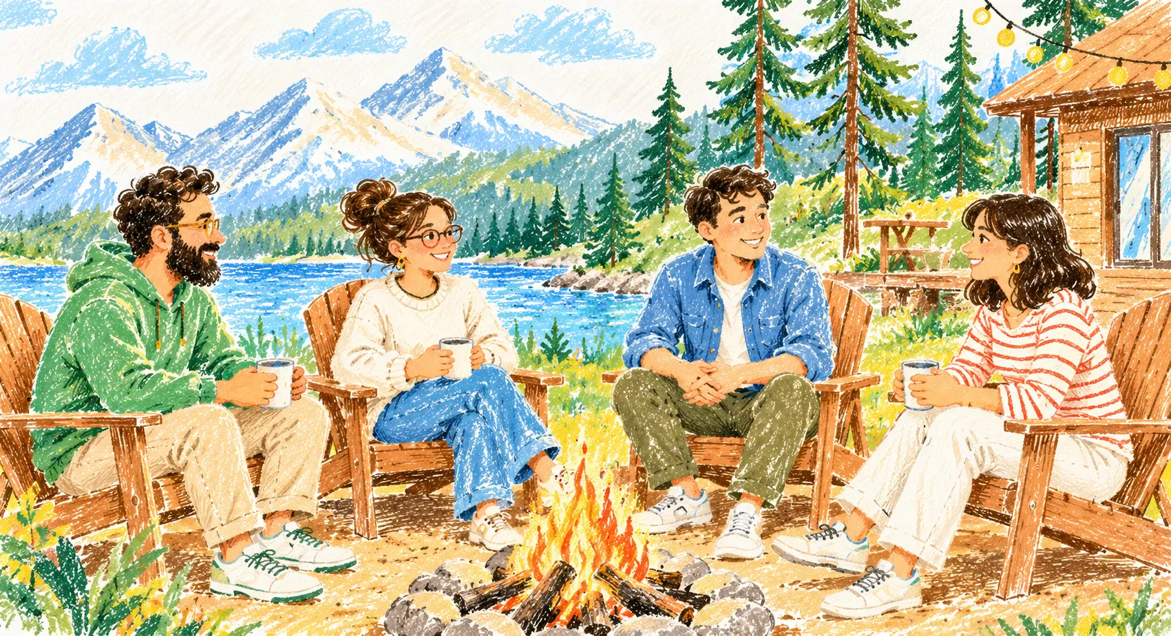 Illustration of four teammates around a campfire by a lake and mountains