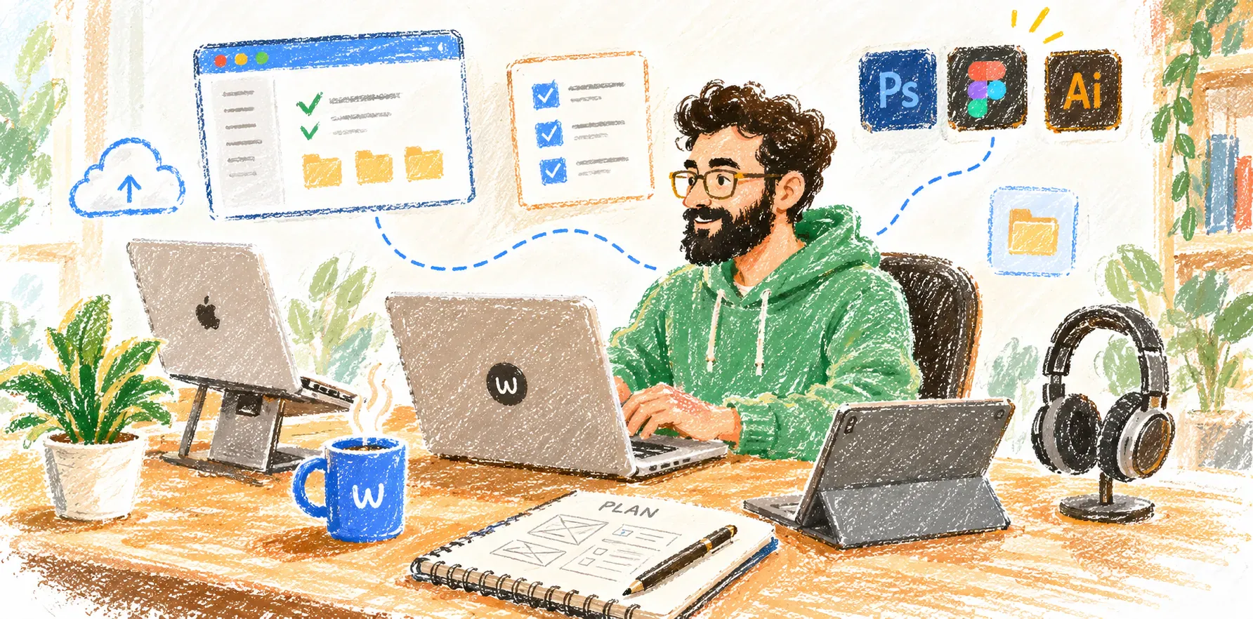 Illustration of a designer at a desk with laptops, a tablet, and design app icons