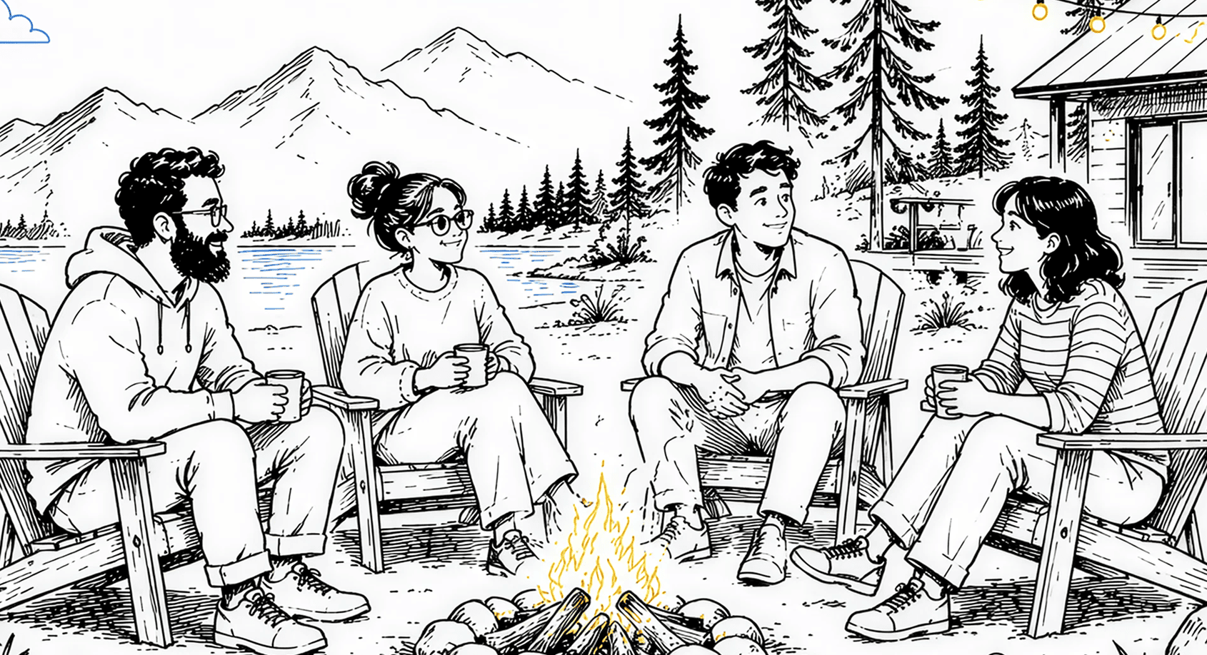 Team gathered around a campfire at an outdoor retreat