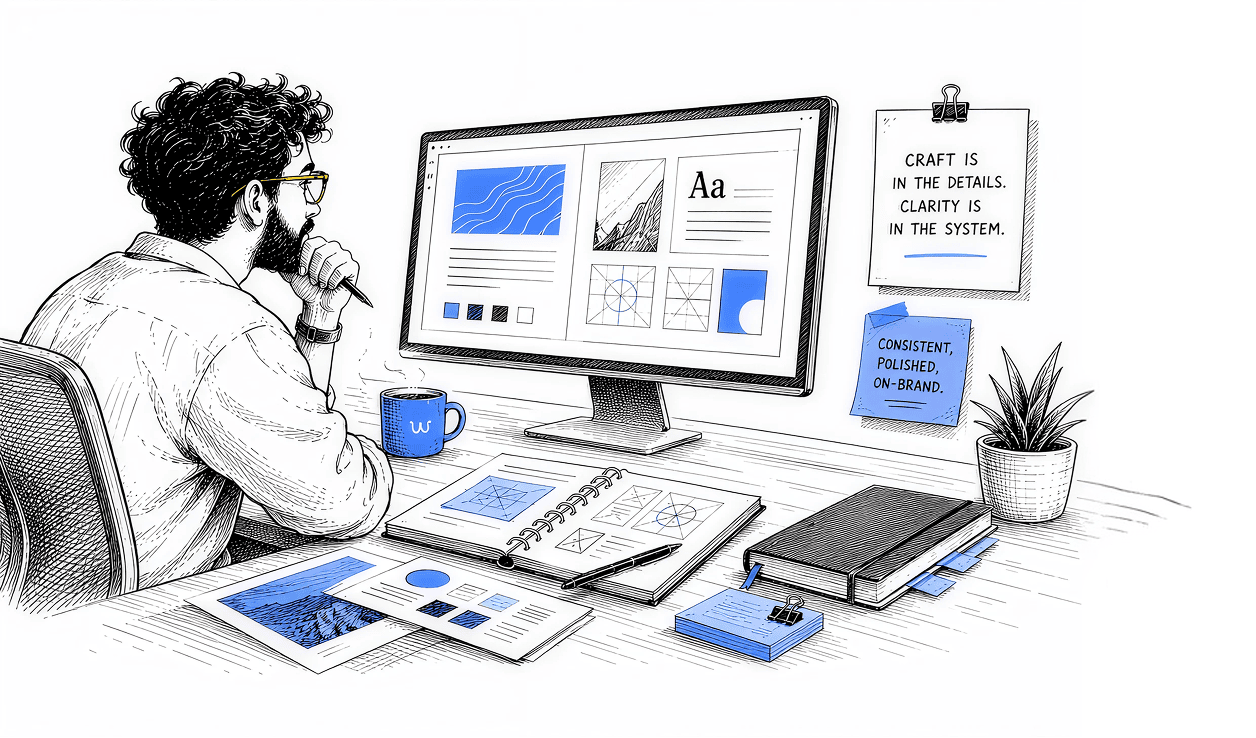 Designer reviewing layouts on a large monitor